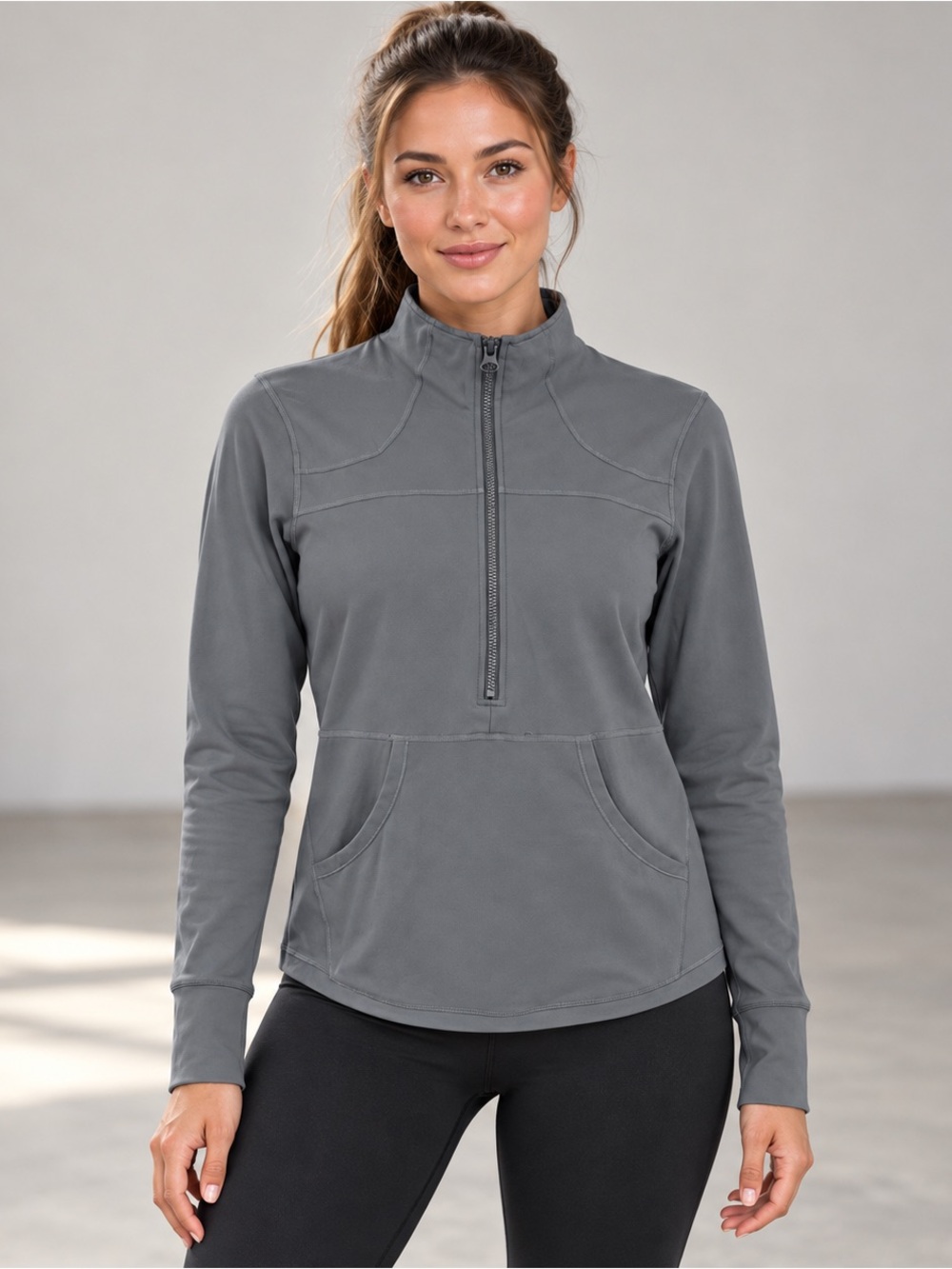 ZYIA Active Grey Half Zip Athletic Pullover Size L Thumbholes Pocket